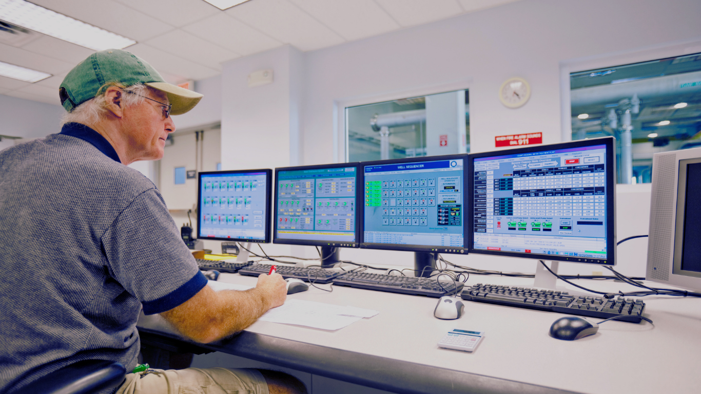 Employee monitoring multiple CCTV screens